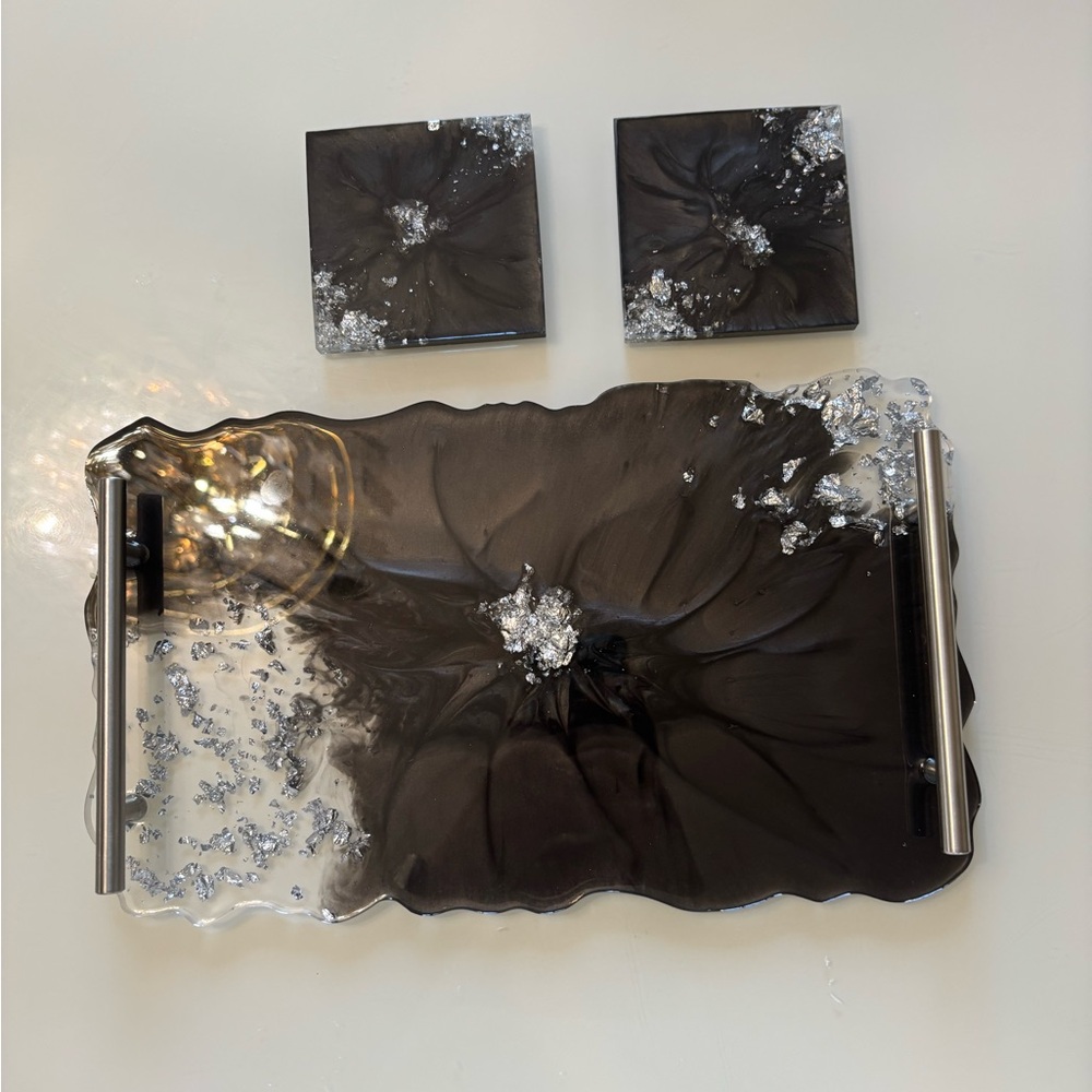 Black and Silver Resin Tray Set along with 2 coasters